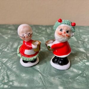 Vintage Miniature Santa and Mrs Claus Candle Holders with Spaghetti Trim